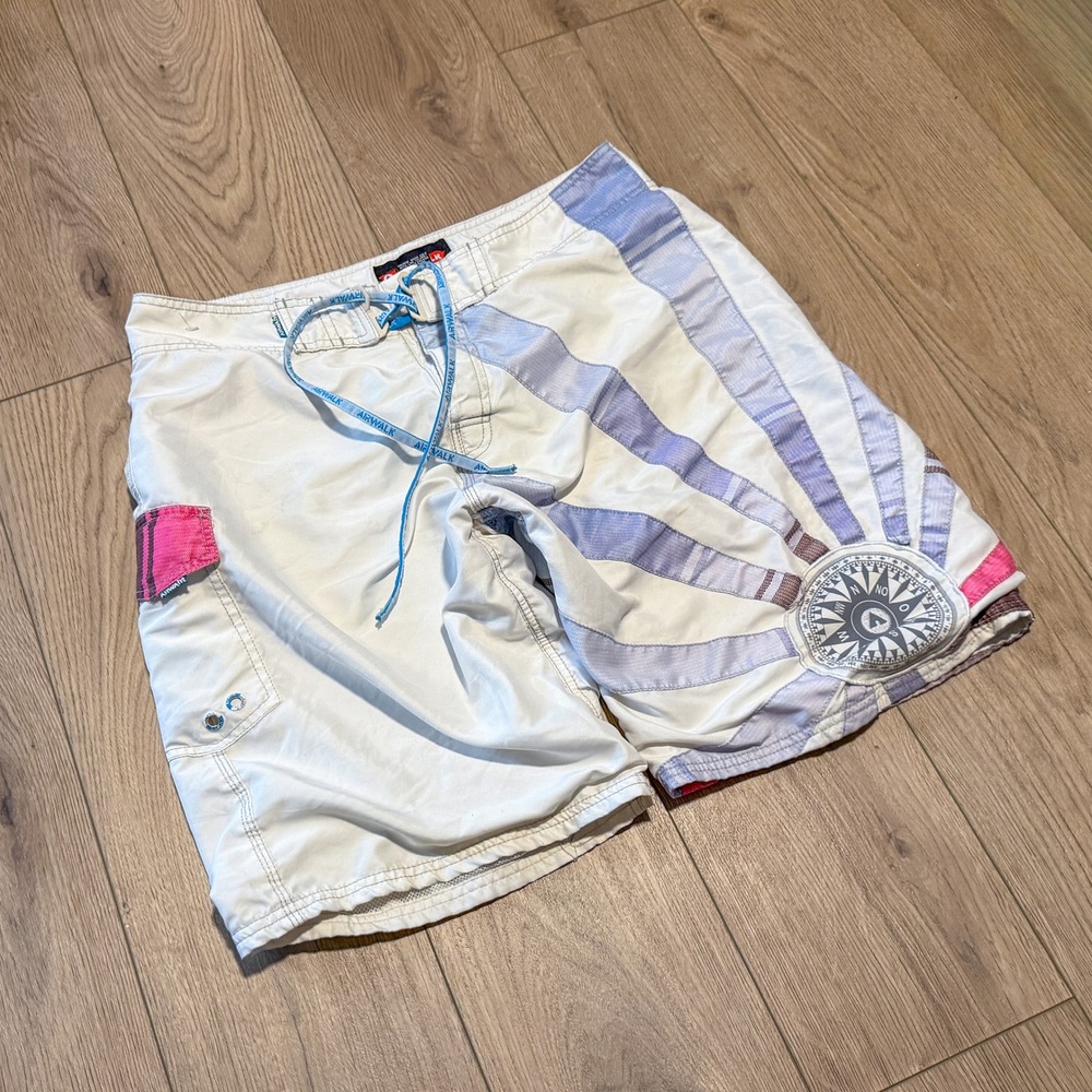Y2K 00's Andy Irons Style Rising Sun Shorts Swim Trunks Surf White Pink